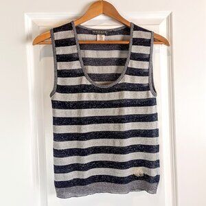 Krizia Poi Navy Blue Grey Silver Italian Lurex Stripe Sleeveless Top